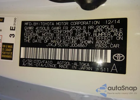 2015 Scion Tc из США, поврежденный, VIN JTKJF5C7XFJ004867